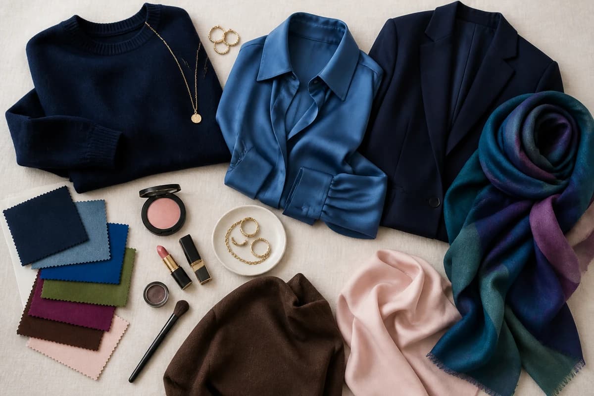 A flat-lay of orange pieces styled with navy, denim, teal, olive and cream accessories, by ToneLala