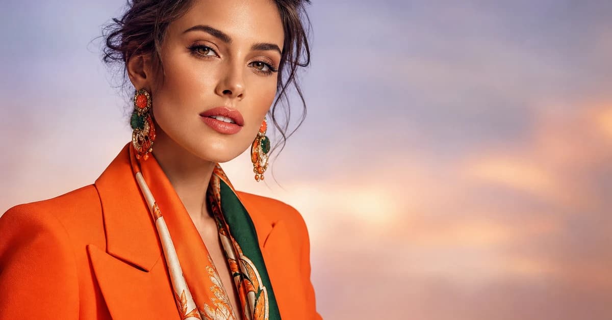 A woman in an orange top styled with navy and cream, with gold jewellery, by ToneLala