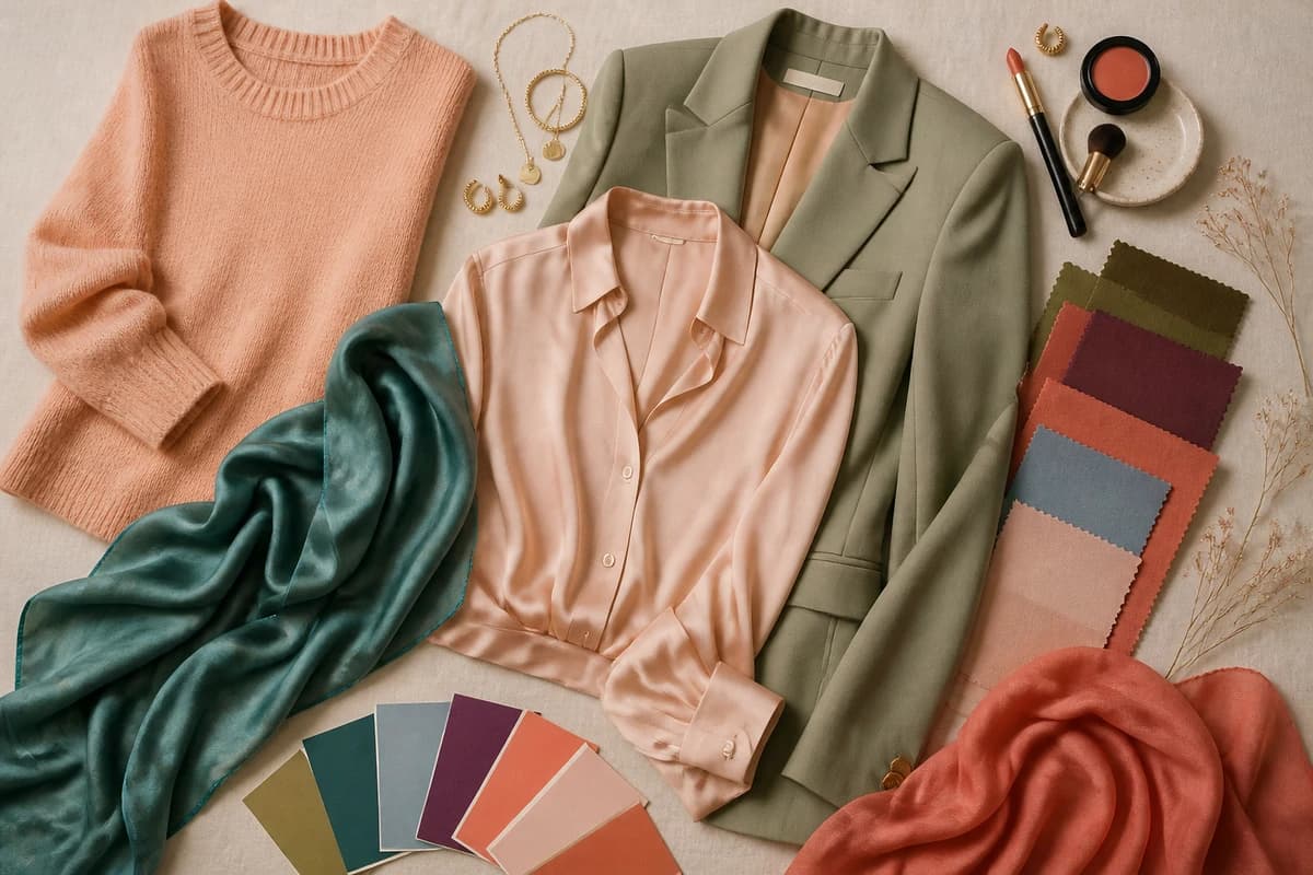 Flatlay of peach garments paired with cream, sage and terracotta accessories, by ToneLala