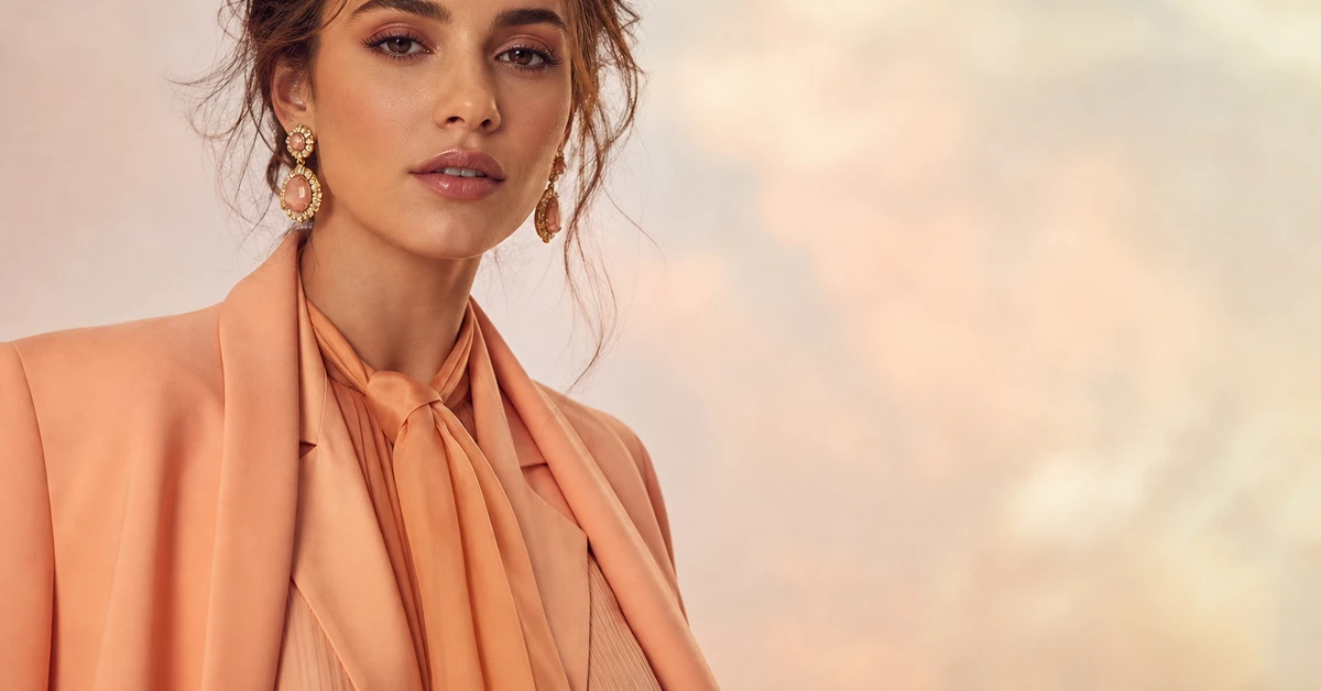 Woman in a soft peach top styled with warm neutrals and gold, colours that go with peach, by ToneLala