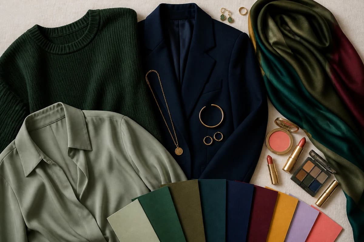A flat-lay of pink pieces styled with matching sage green, camel, burgundy and navy accessories, by ToneLala