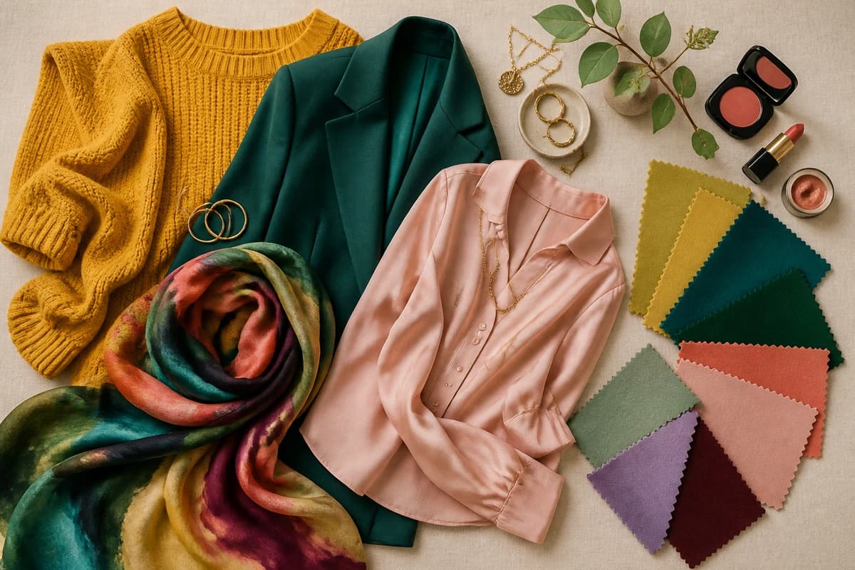 A flat-lay of purple pieces arranged with matching colors, mustard, teal, blush and gray, by ToneLala