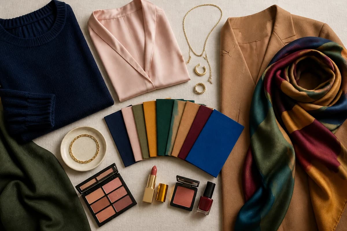 A flat-lay of red clothing pieces styled with navy, camel, blush pink and olive green accessories, by ToneLala