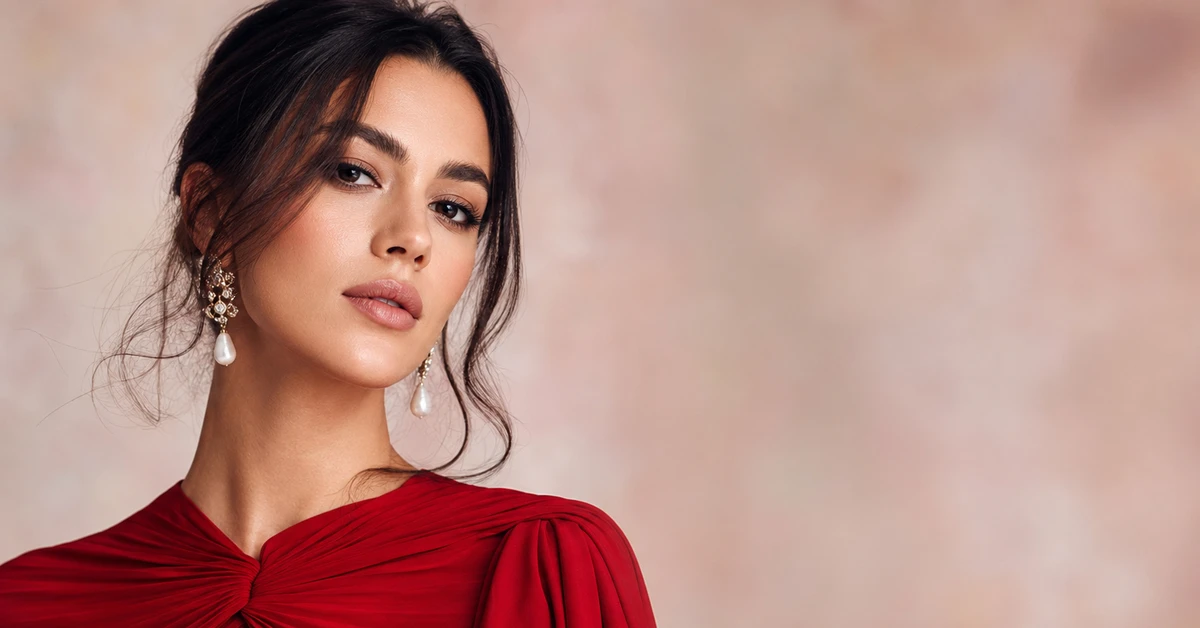 A stylish red outfit paired with navy and camel — a woman in a true-red coat over a camel jumper and navy trousers, with gold jewellery, by ToneLala