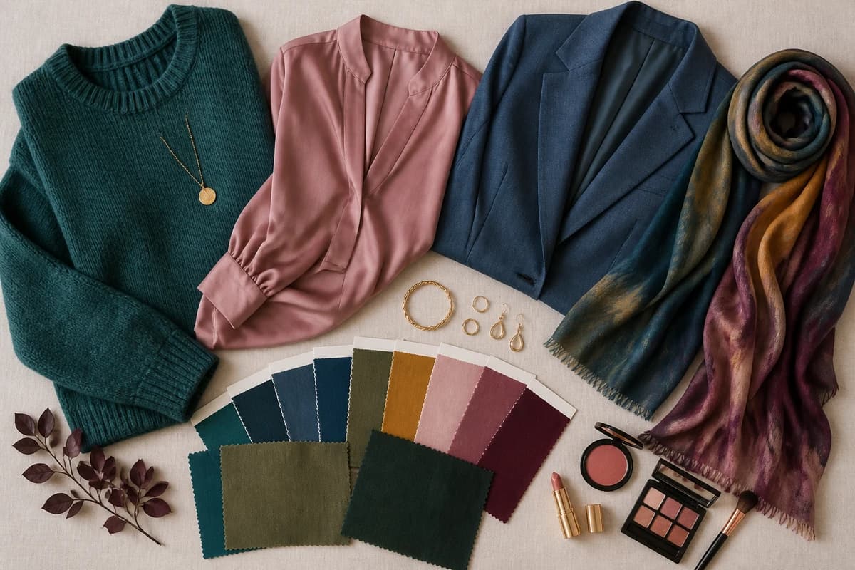 A flat-lay of rust clothing pieces styled with teal, olive, denim blue and warm neutral accessories that match rust, by ToneLala