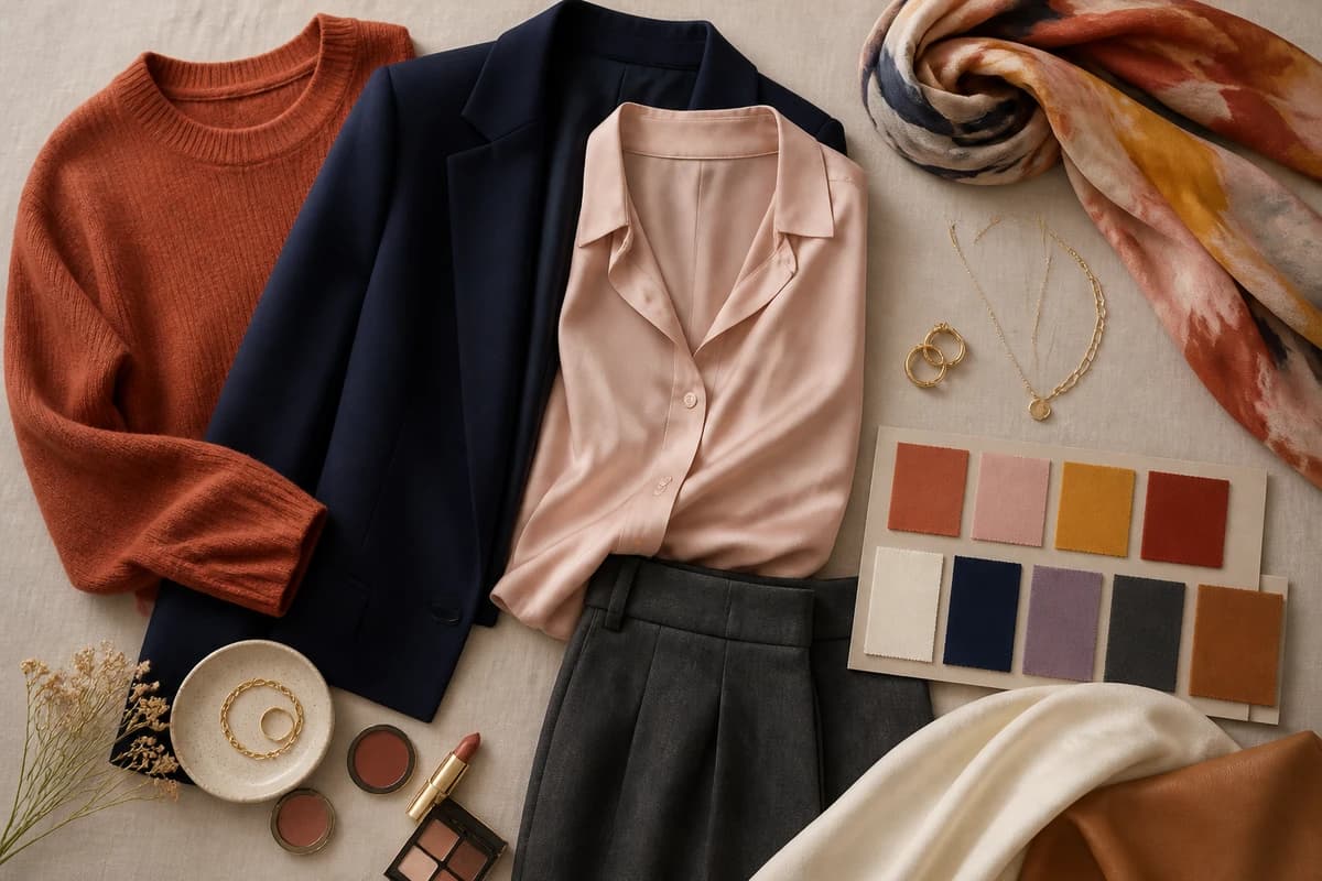 A flat-lay of sage green clothing pieces styled with terracotta, blush, cream and navy accessories, by ToneLala