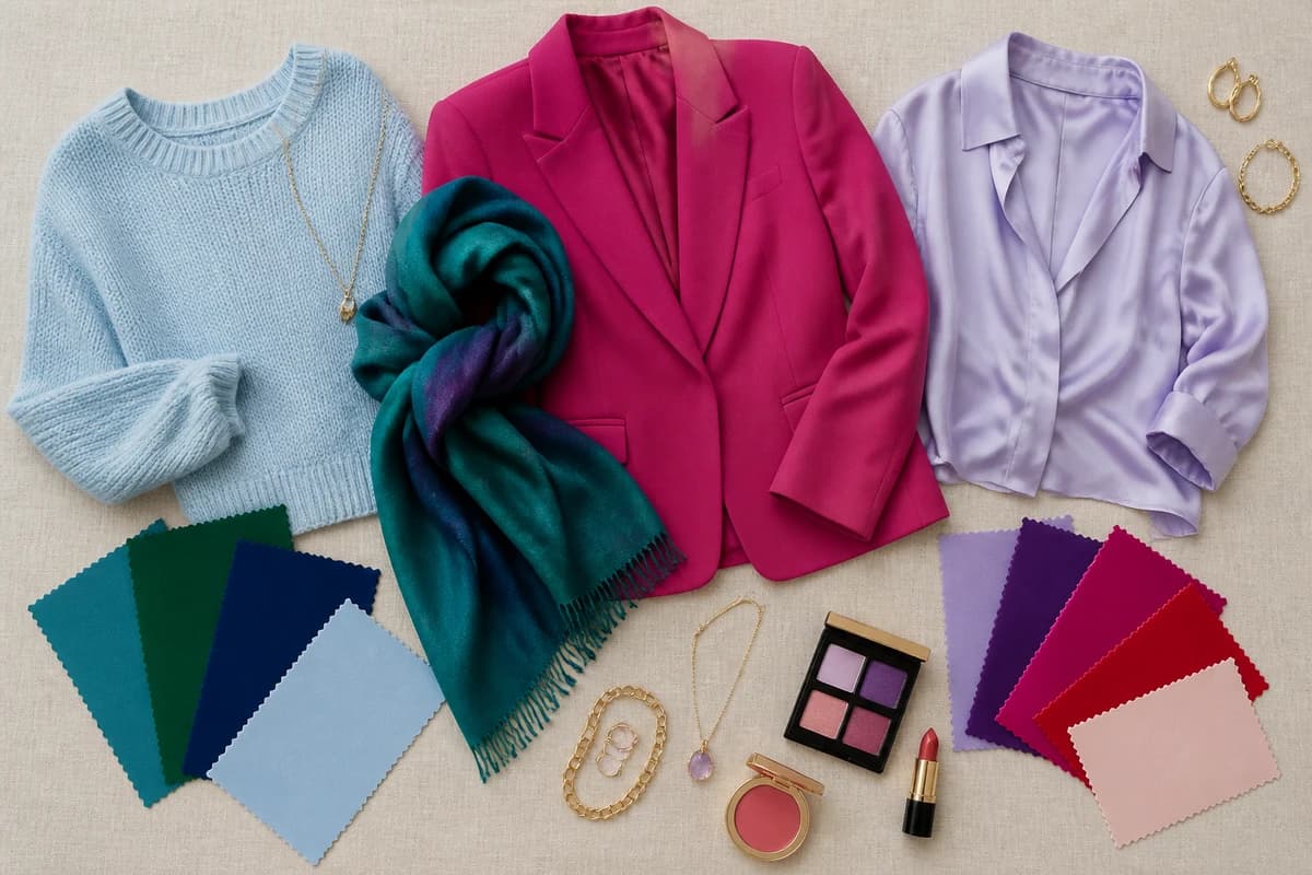 A flat-lay of silver pieces styled with icy blue, fuchsia, emerald, charcoal and white accessories that match silver, by ToneLala