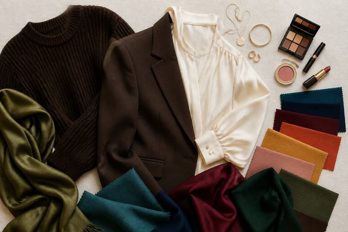 A flat-lay of tan pieces styled with white, chocolate, olive, teal and burgundy, with gold accessories, by ToneLala