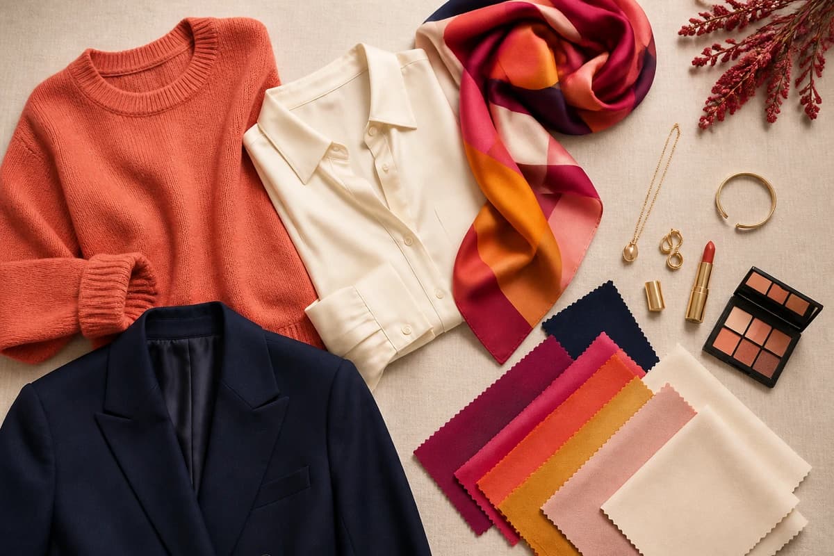 A flat-lay of teal clothing pieces styled with coral, mustard, blush and warm neutral accessories that match teal, by ToneLala
