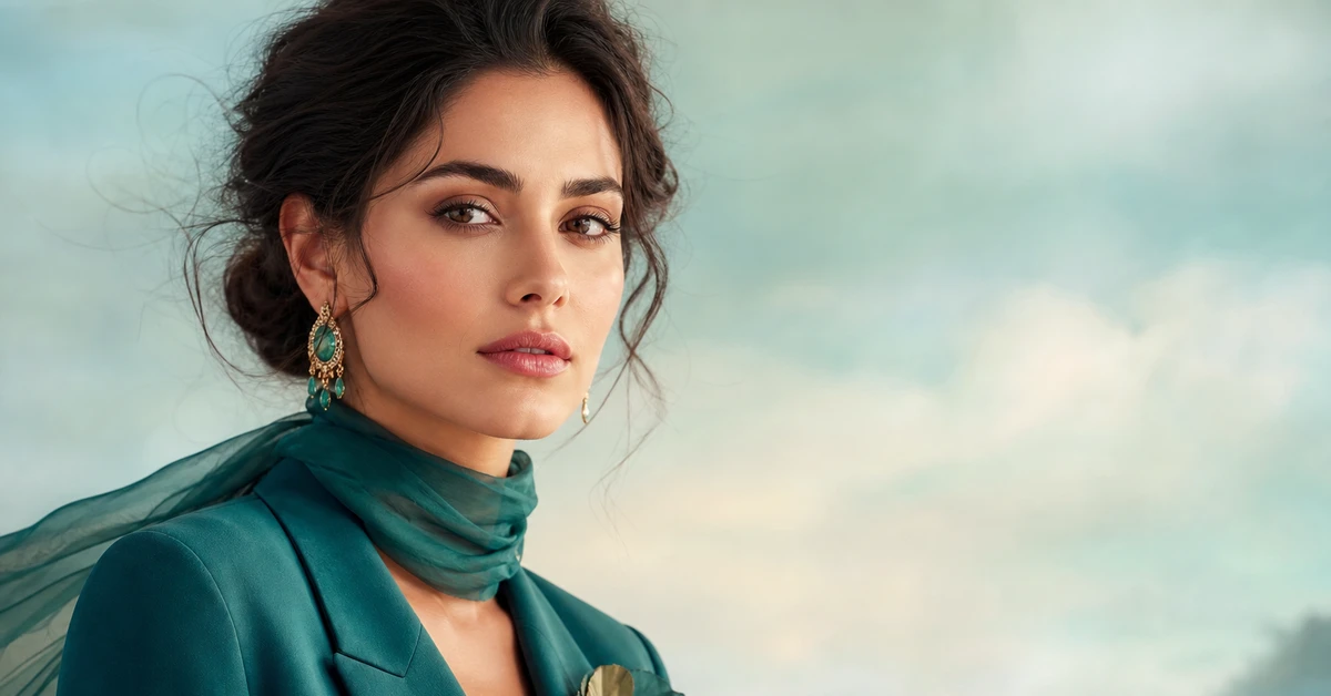 A stylish teal outfit paired with coral, camel and gold accessories, showing complementary colours that go with teal, by ToneLala