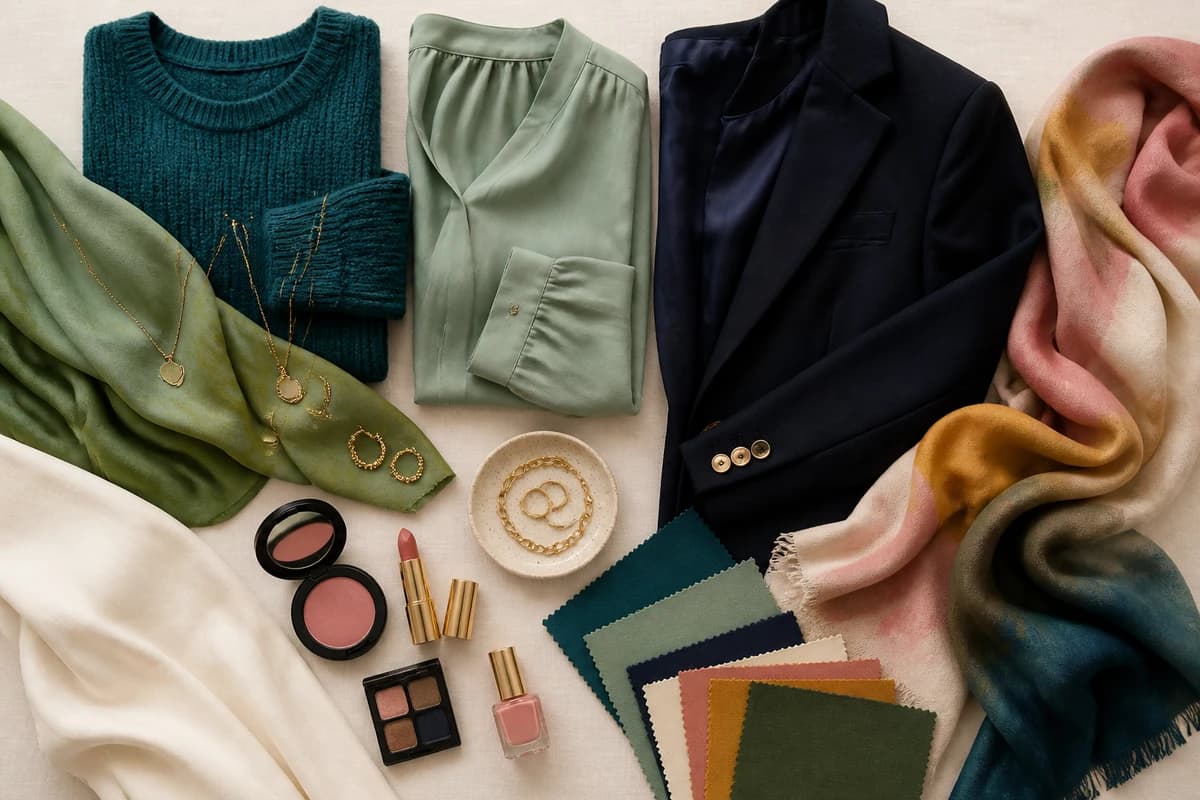 A flat-lay of terracotta clothing pieces styled with teal, sage green, cream and navy accessories, by ToneLala