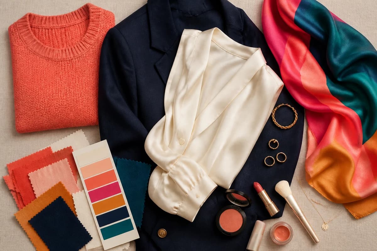 A flat-lay of turquoise clothing styled with coral, terracotta, blush, sand and white accessories that match turquoise, by ToneLala