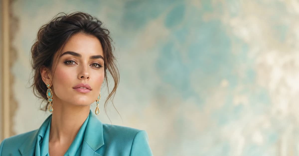 A woman in a turquoise top styled with coral, sand and warm white, showing colours that go with turquoise, by ToneLala