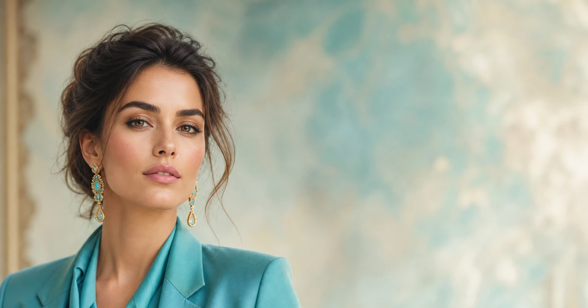 A woman in a turquoise top styled with coral, sand and warm white, showing colours that go with turquoise, by ToneLala
