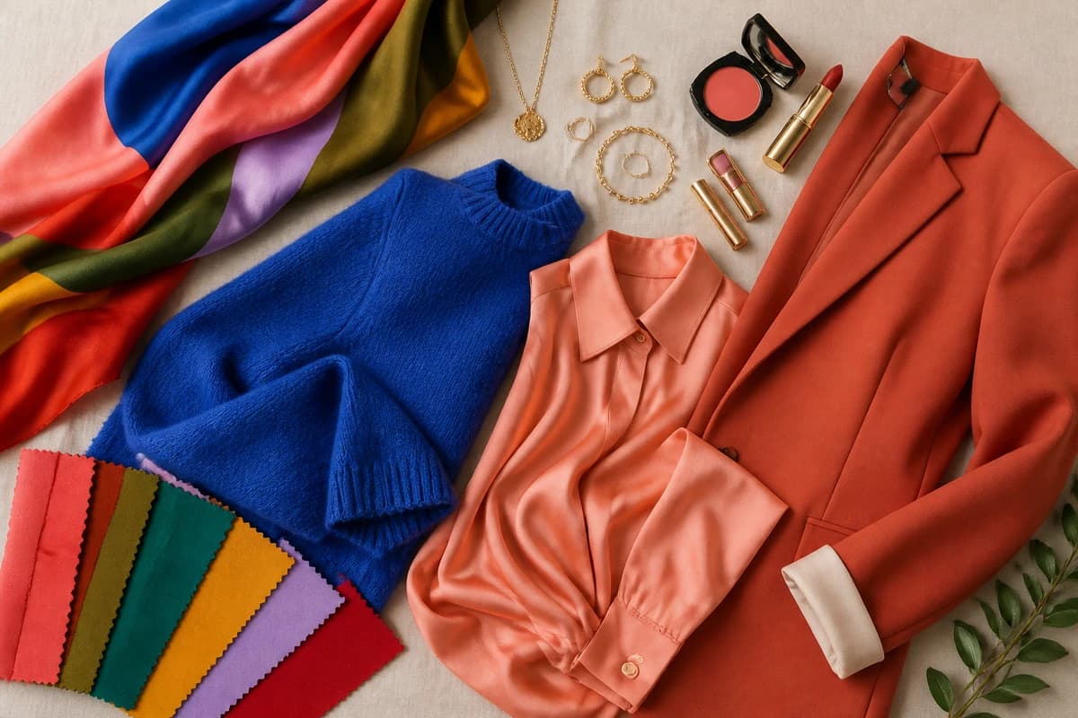 A flat-lay of white pieces styled with cobalt, coral, terracotta, olive and blush accessories beside a white shirt, by ToneLala