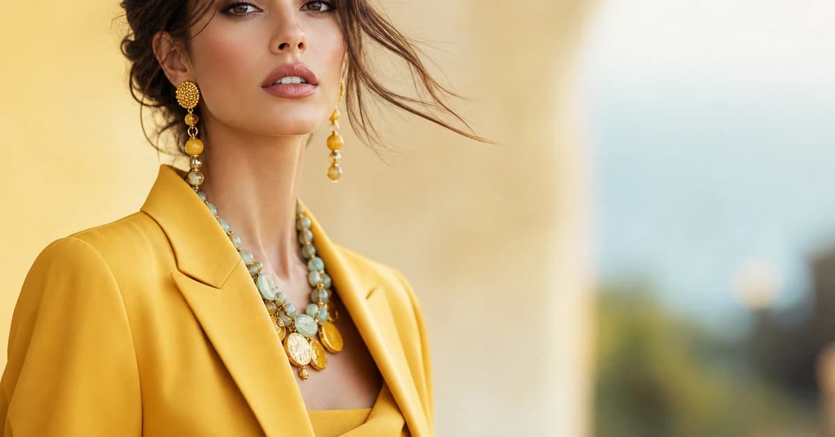 A stylish yellow outfit paired with navy and crisp white, with gold accessories, by ToneLala