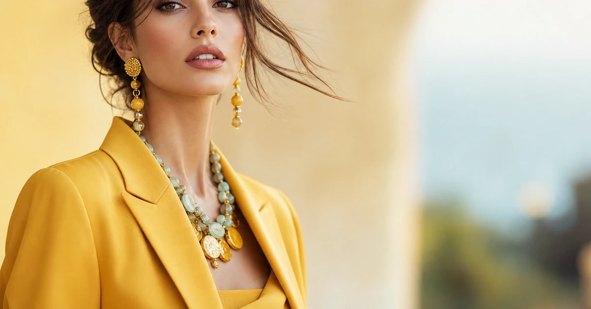 A stylish yellow outfit paired with navy and crisp white, with gold accessories, by ToneLala