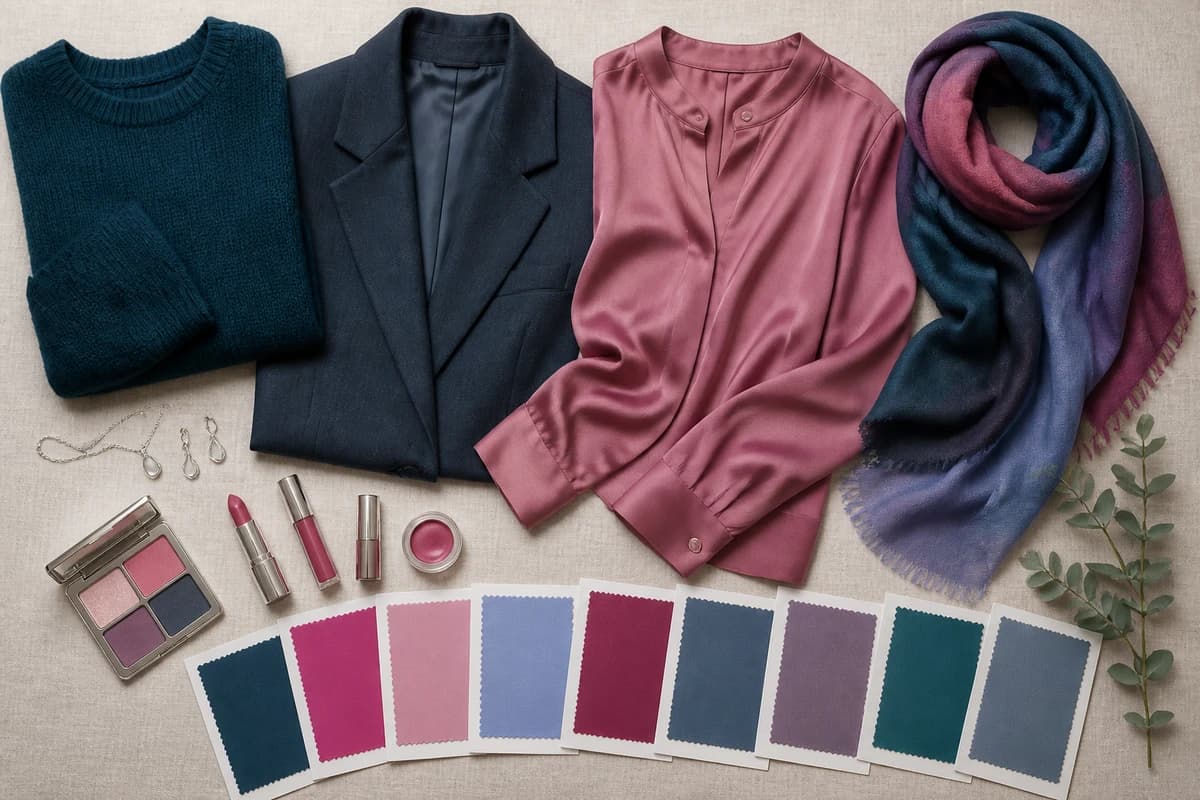 Cool Summer flatlay, slate blue, cool raspberry, periwinkle and soft fuchsia garments with silver jewelry on a cool gray background, by ToneLala