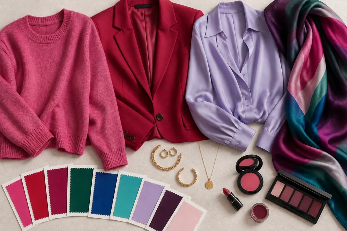 A flat-lay of flattering colors for cool-toned skin, soft fuchsia, cool ruby, emerald, sapphire and lavender pieces with cool gray and pure white neutrals, by ToneLala