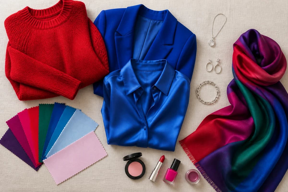 Flat-lay of Cool Winter colors, true red, royal blue, emerald and fuchsia fabric beside icy pastels and black-and-white, by ToneLala