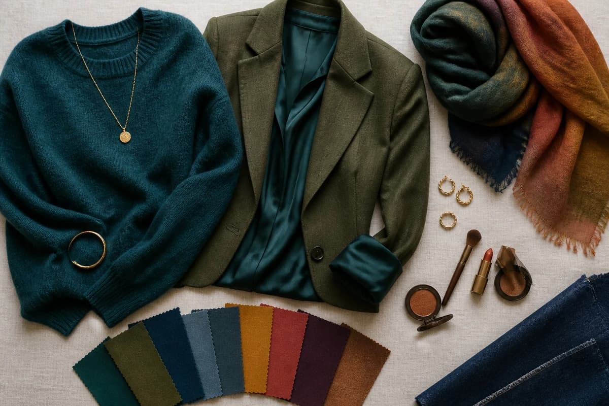 A flat-lay of colors to wear with copper hair, teal, forest green, olive, denim blue, cream and bronze pieces, by ToneLala