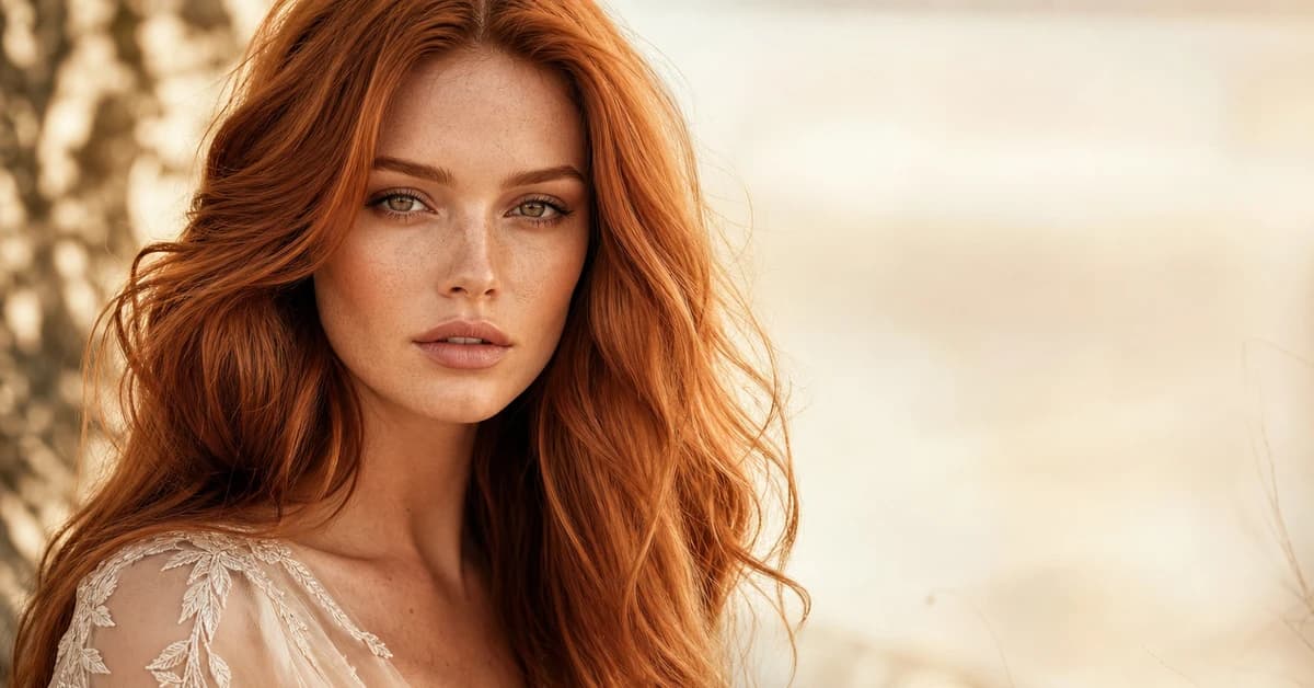 A woman with beautiful copper hair wearing a teal top, by ToneLala
