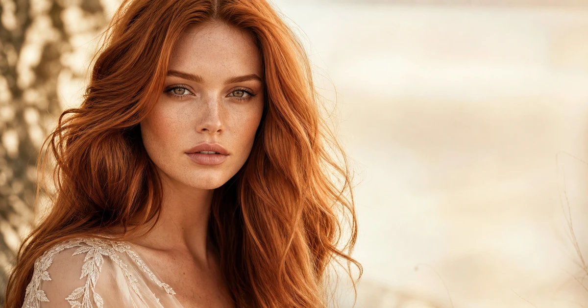 A woman with beautiful copper hair wearing a teal top, by ToneLala