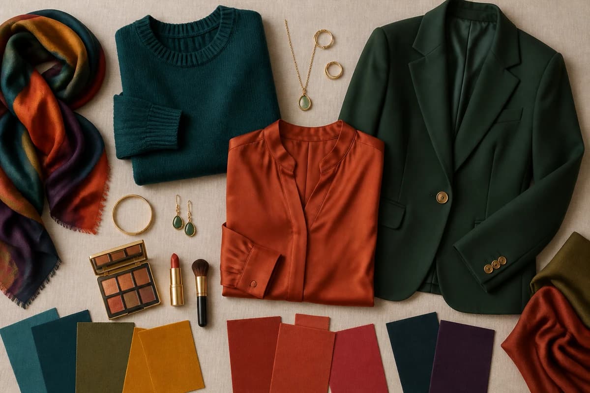 A flat-lay of colors to wear with dark auburn hair, teal, forest green, rust, mustard, aubergine and cream pieces, by ToneLala