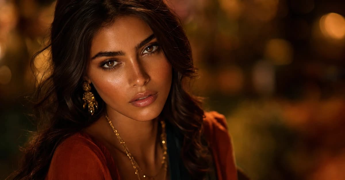 Deep Autumn colour analysis — a woman with deep, warm, rich Deep Autumn colouring wearing a deep rust top and antique-gold jewellery, by ToneLala