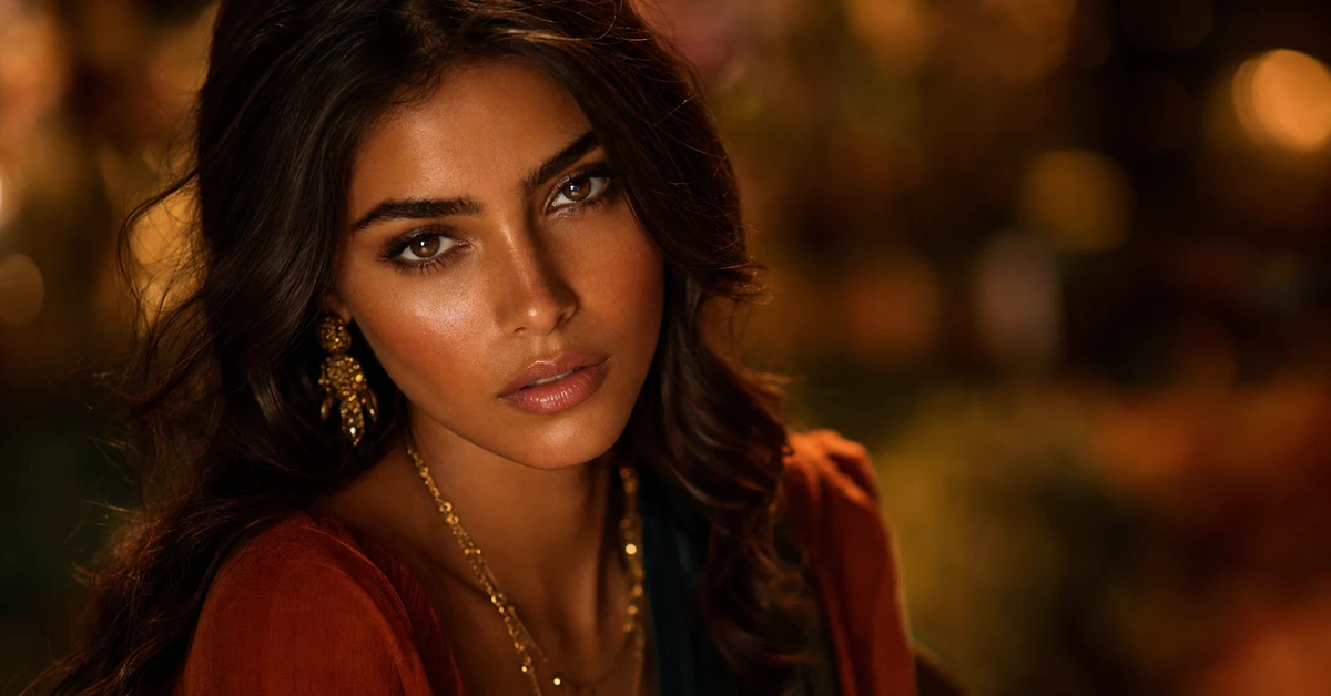Deep Autumn colour analysis — a woman with deep, warm, rich Deep Autumn colouring wearing a deep rust top and antique-gold jewellery, by ToneLala