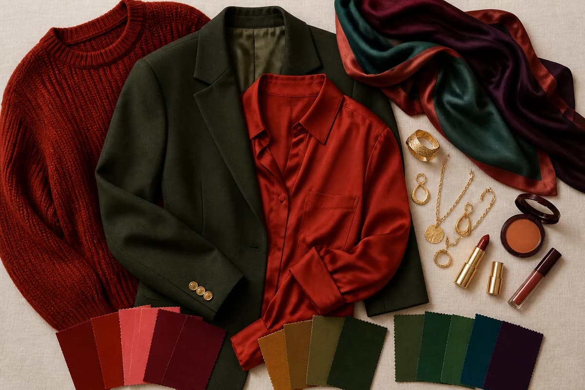 Deep Autumn flatlay of deep rust, mahogany, deep teal and dark gold fabrics with antique-gold jewelry, by ToneLala