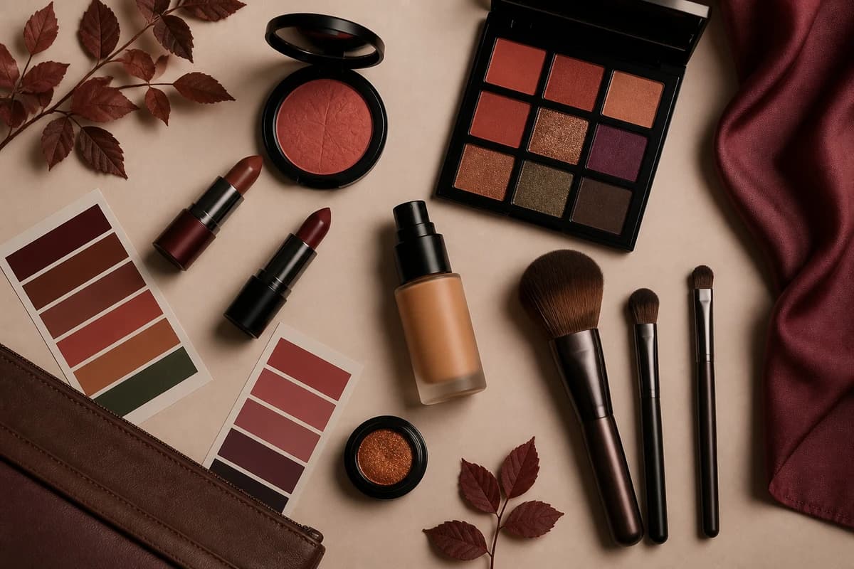 A flat-lay of Deep Autumn makeup products, brick and brown-red lipsticks, bronze and copper shadows and a warm blush, by ToneLala