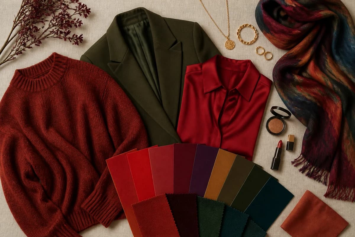 A Deep Autumn capsule wardrobe flat-lay, espresso, deep teal, rust and forest-green pieces with bronze accessories, by ToneLala