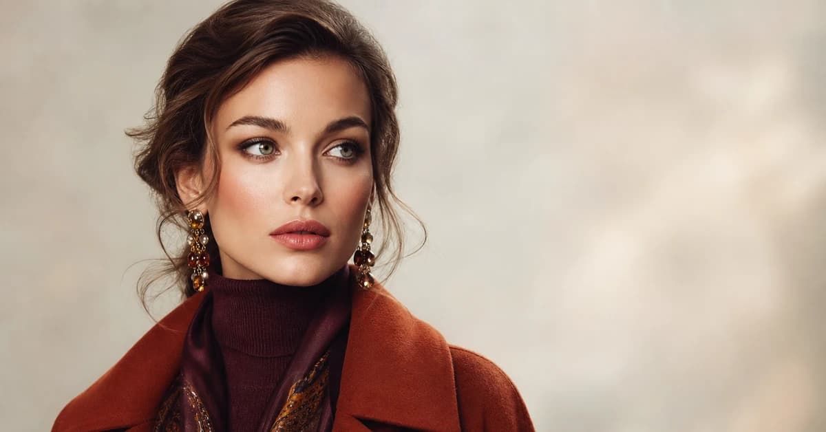 A Deep Autumn outfit — deep rust knit, espresso-brown trousers and antique-gold jewellery on warm, deep colouring, by ToneLala