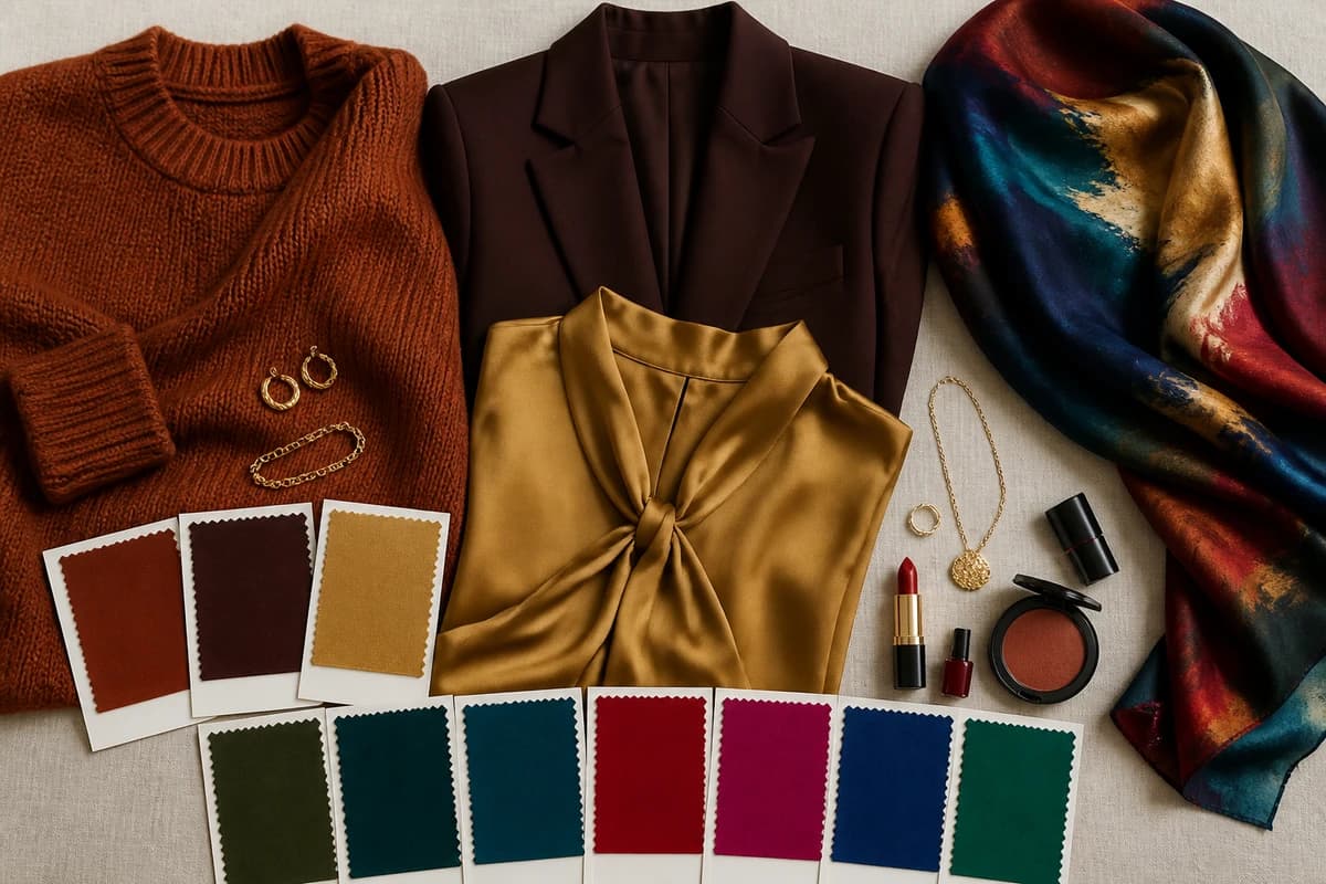 Flat-lay of the colors that distinguish Deep Autumn from Deep Winter, warm rust, mahogany and dark gold beside cool true red, fuchsia and sapphire, by ToneLala