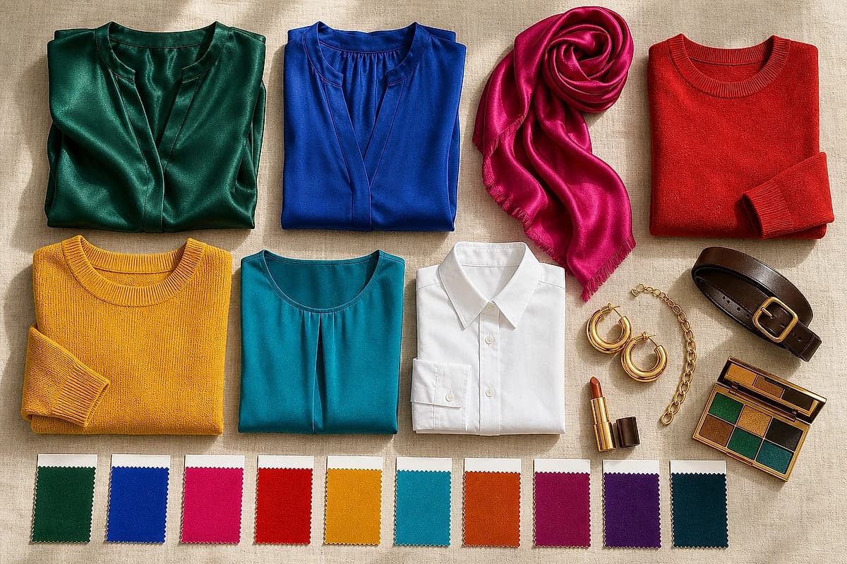 A flat-lay of colors for deep olive skin, emerald, cobalt, fuchsia, tomato red, mustard and crisp white garments with gold jewelry and a bronze lipstick, by ToneLala