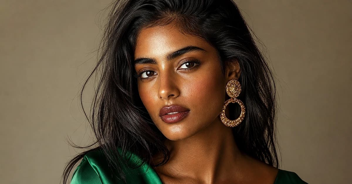 A portrait of a woman with deep olive skin wearing an emerald green top and gold earrings, glowing in warm daylight, by ToneLala
