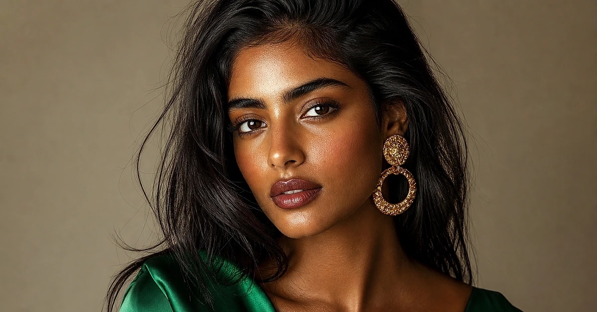 A portrait of a woman with deep olive skin wearing an emerald green top and gold earrings, glowing in warm daylight, by ToneLala