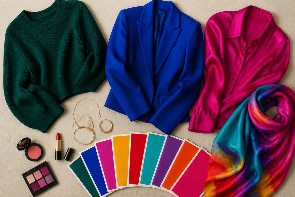 A flat-lay of the best colors for deep skin tone, emerald, cobalt, fuchsia, marigold and ruby with cream, camel and bright white neutrals and gold jewelry, by ToneLala