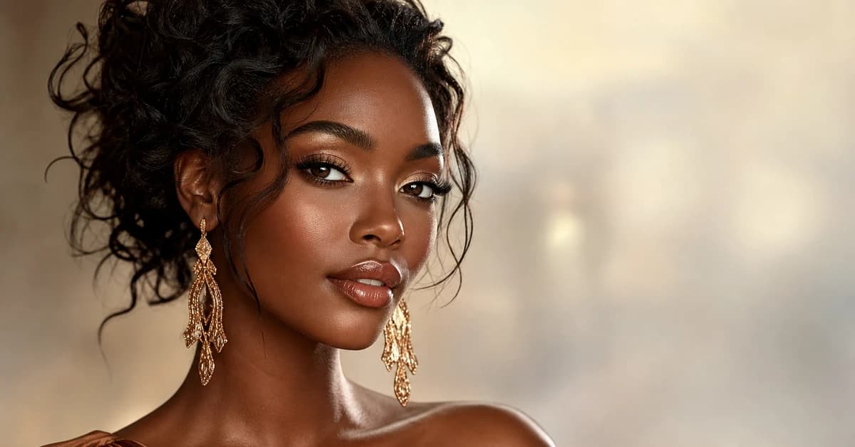 A woman with deep skin wearing a rich emerald top with gold jewellery, glowing against a warm background, by ToneLala