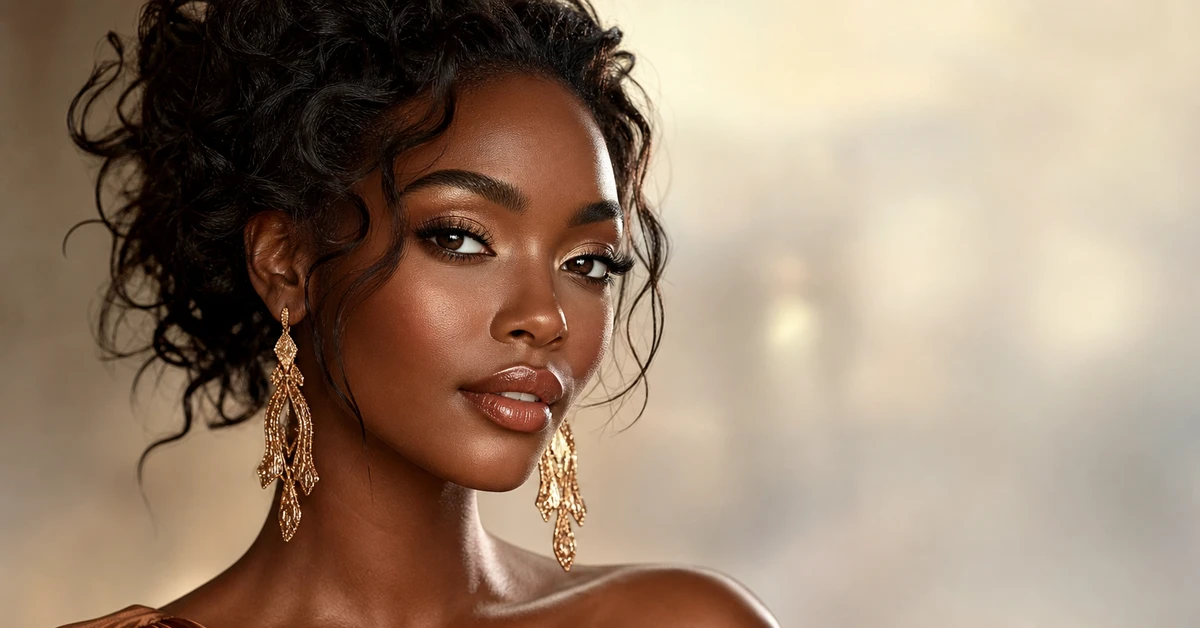 A woman with deep skin wearing a rich emerald top with gold jewellery, glowing against a warm background, by ToneLala