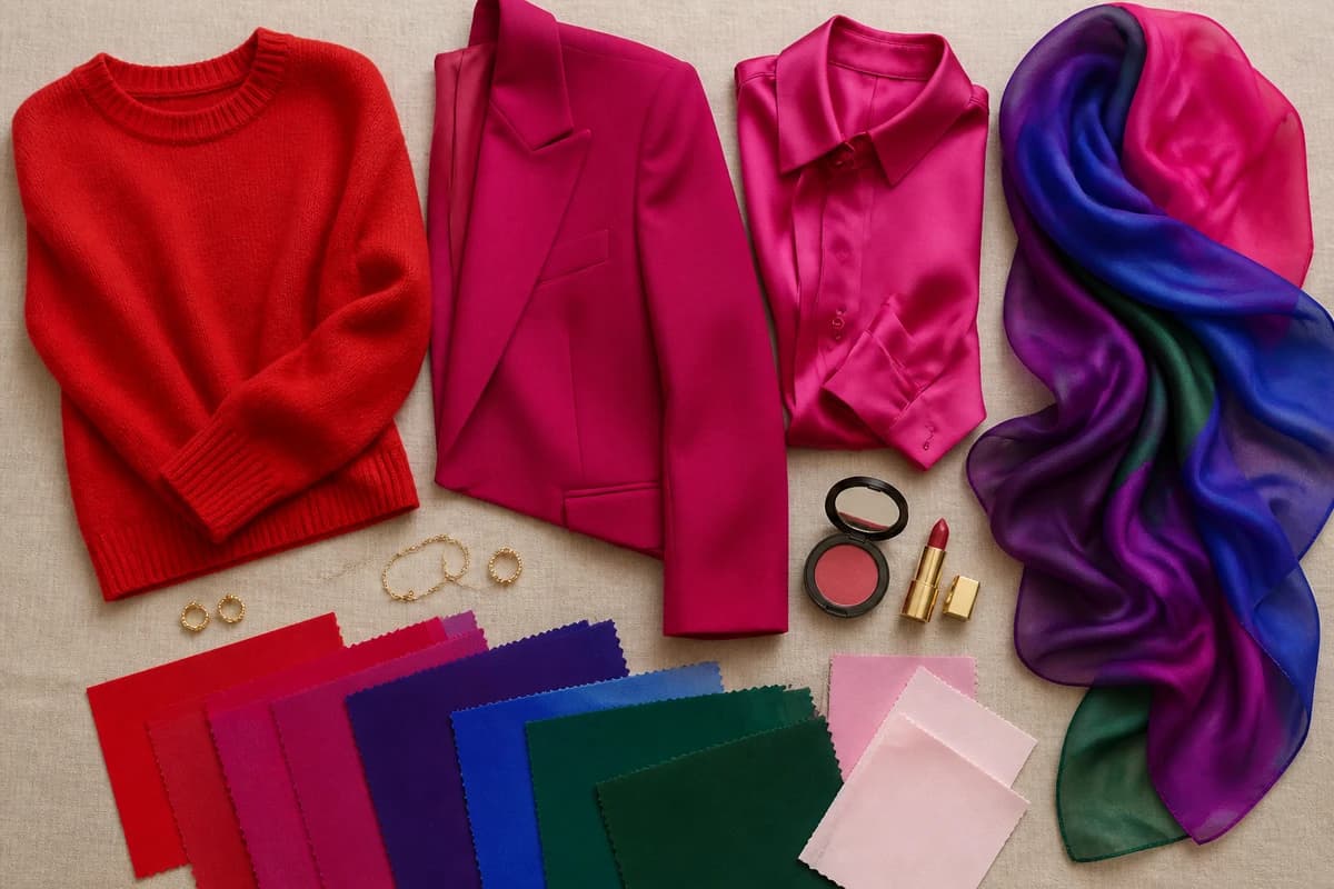 Flatlay of Deep Winter colors seen on red carpets, true red, sapphire, royal purple and emerald against crisp black and white, by ToneLala