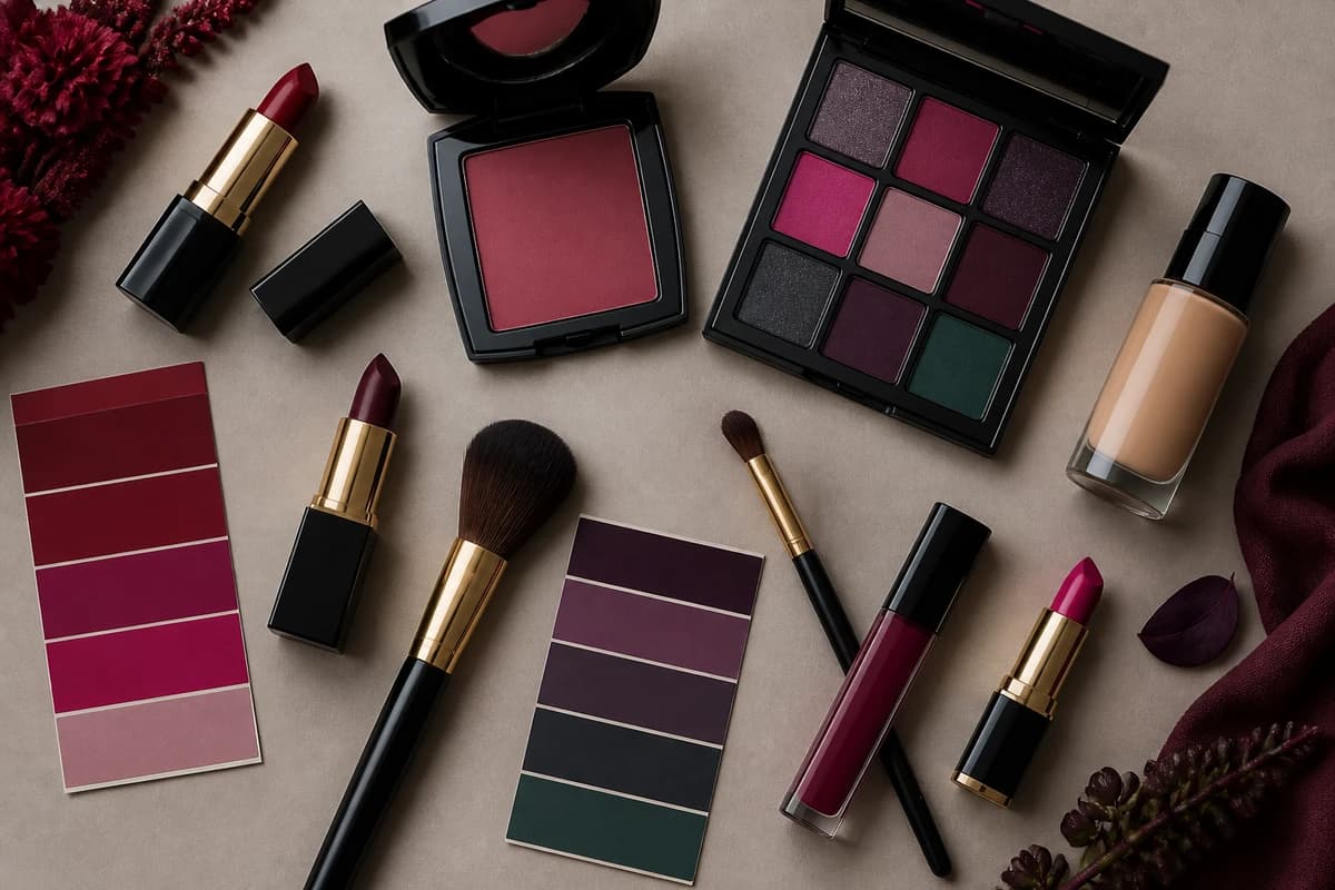 A flat-lay of Deep Winter makeup products, true red and berry lipsticks, charcoal and plum eyeshadows, a cool rose blush and black liner on a pale background, by ToneLala