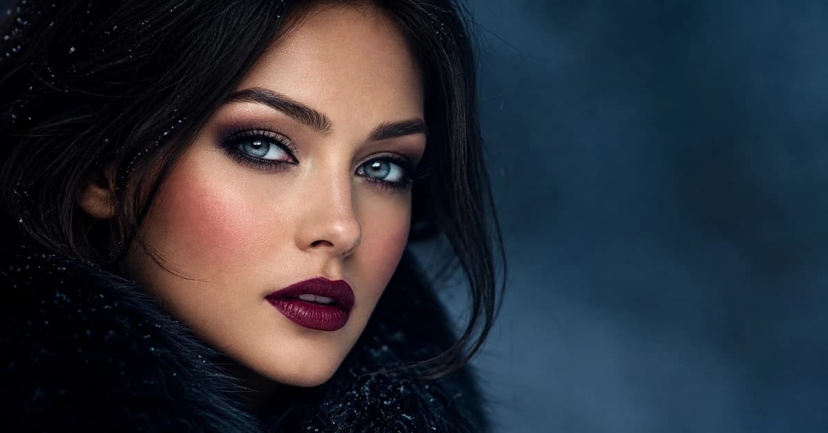 A woman wearing Deep Winter makeup — a true-red lip, cool plum eyeshadow and a berry blush, by ToneLala