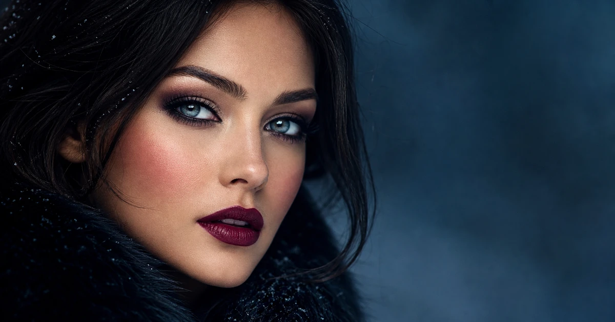 A woman wearing Deep Winter makeup — a true-red lip, cool plum eyeshadow and a berry blush, by ToneLala