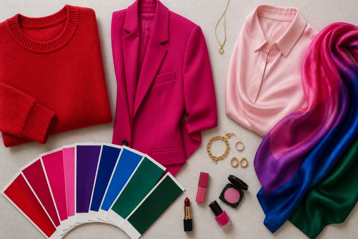 A Deep Winter capsule wardrobe flat-lay, a black blazer, charcoal trousers, a true-red knit, a sapphire shirt and an emerald dress on a pale background, by ToneLala