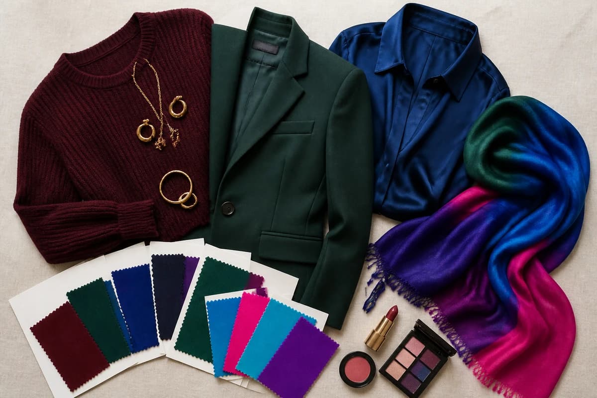 Flatlay of the colors that distinguish Deep Winter from Bright Winter, deep jewel tones beside electric brights, by ToneLala