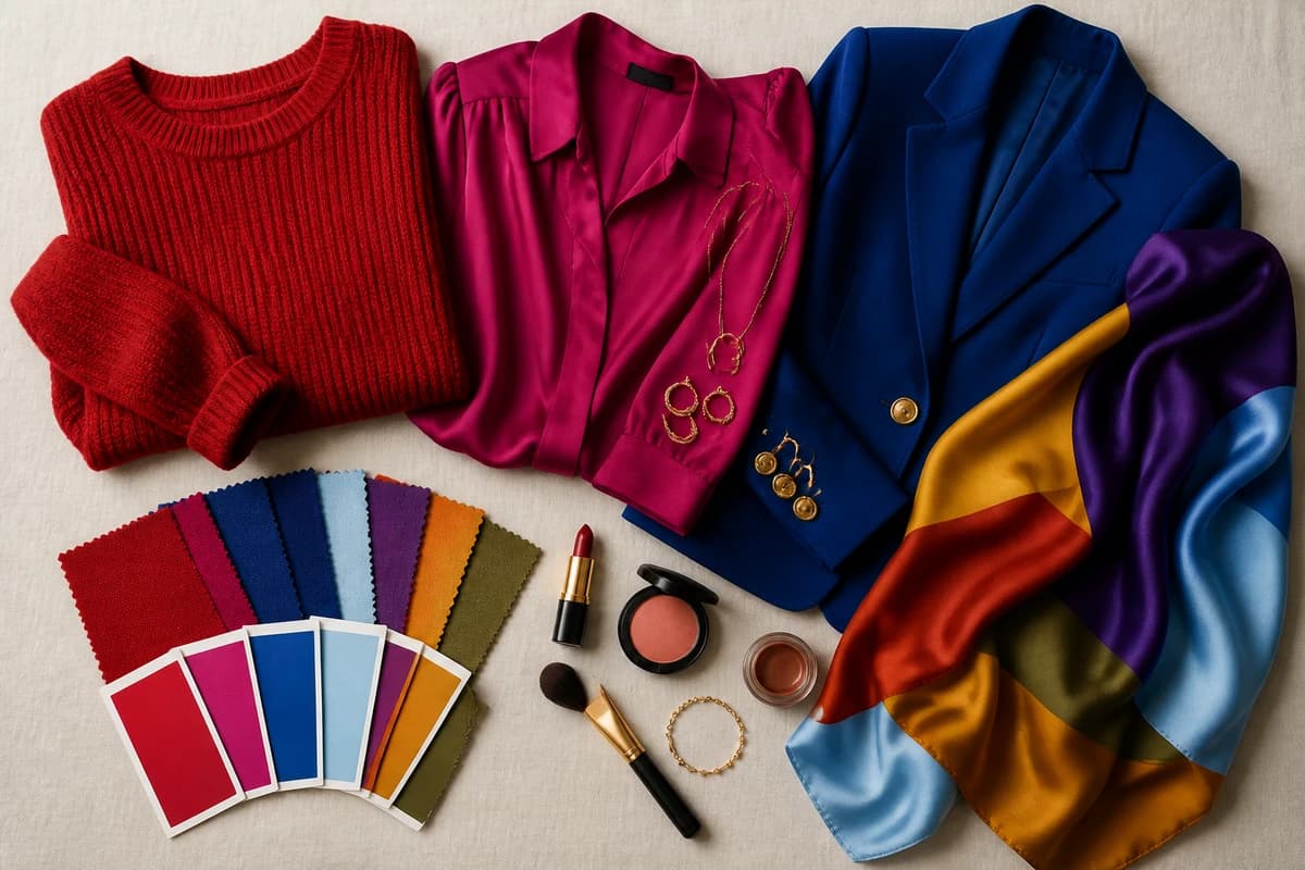 Flatlay of the colors that distinguish Deep Winter from True Autumn, cool jewel tones beside warm earthy spices, by ToneLala
