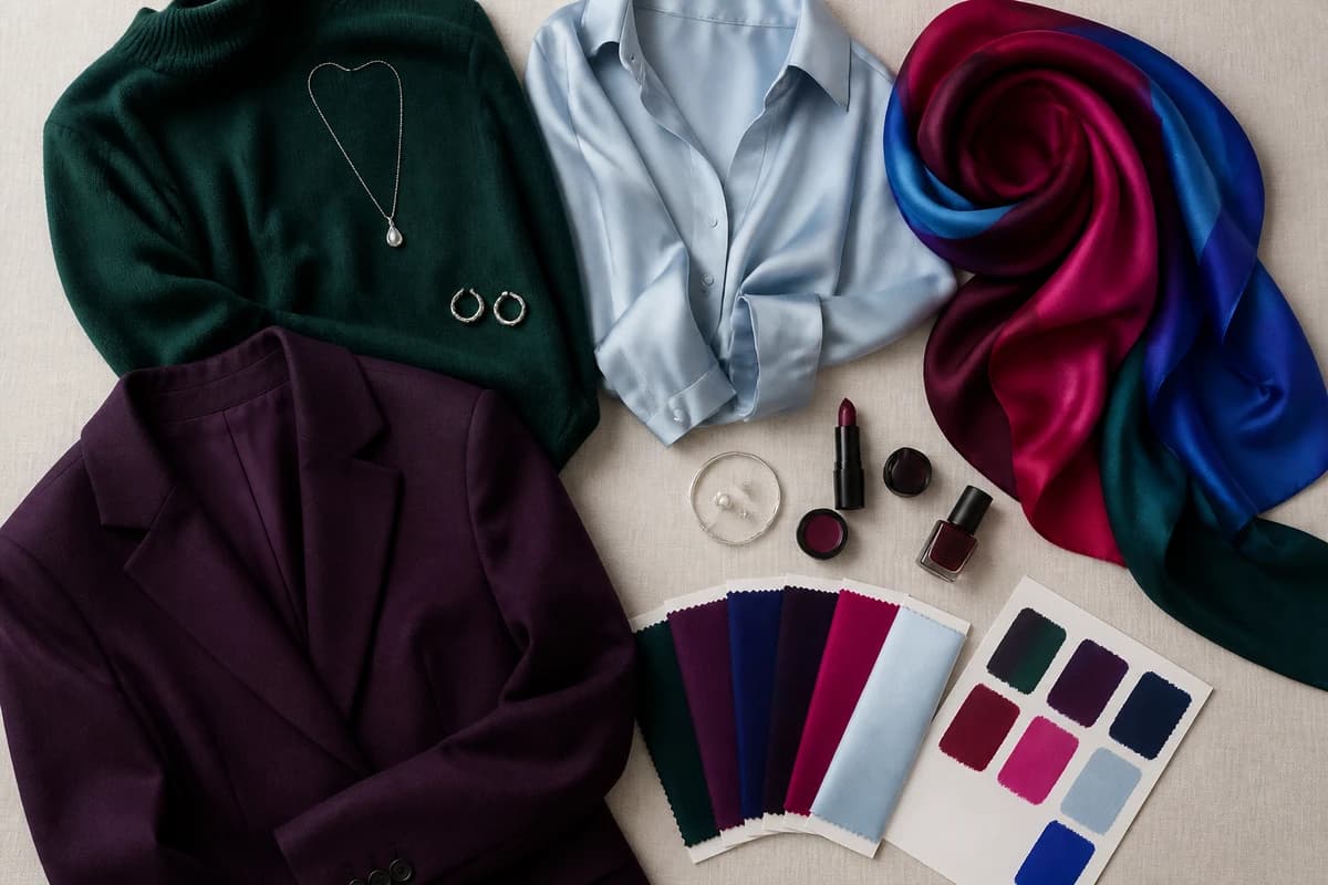 Flat-lay of colors that distinguish Deep Winter from True Winter, deep jewel tones beside icy blue-based brights, by ToneLala