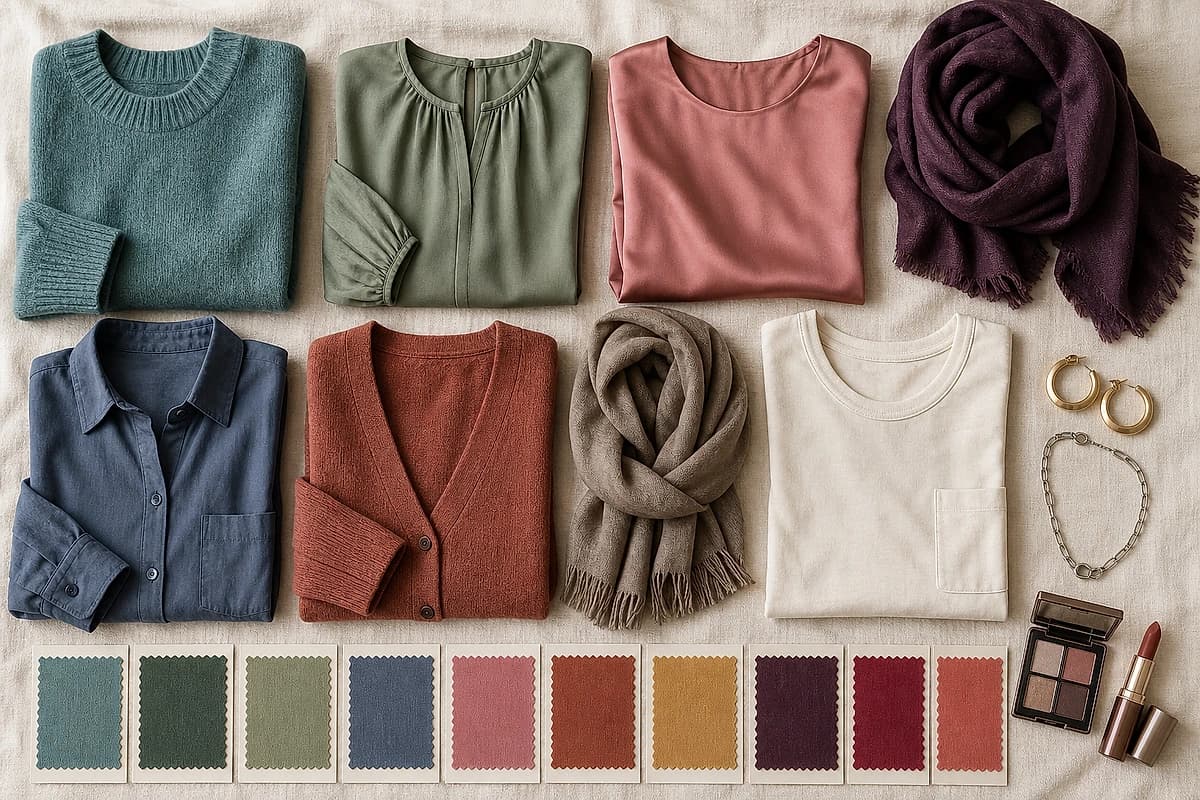 A flat-lay of colors for fair olive skin, soft teal, sage, rosewood, plum and slate-blue fabrics with cream and mushroom-taupe neutrals and mixed-metal jewelry, by ToneLala